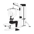 Woman grasping bar on lat pulldown machine flat line black white vector character