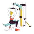 Woman grasping bar on lat pulldown machine flat line color vector character