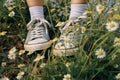 woman grass spring flowers health green sneakers female fashion white lifestyle. Generative AI.