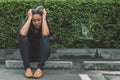 Woman gray hair with worried stressed face expression looking do Royalty Free Stock Photo