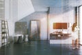 Woman in a gray and white attic bathroom Royalty Free Stock Photo