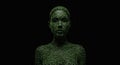 Woman with green binary code patterns represents digital technology on black