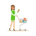 Woman In Green Dress With Cart Shopping In Department Store ,Cartoon Character Buying Things In The Shop