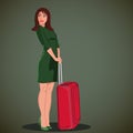 Woman in green dress holding travel bag. Travelling worldwide as a tourist