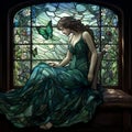 a woman in a green dress sitting in front of a stained glass window