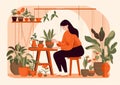 woman florist botanist indoor pot gardener houseplant flower green entrepreneur hobby. Generative AI. Royalty Free Stock Photo