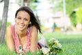 Woman in green park, music and relax Royalty Free Stock Photo