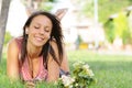 Woman in green park, music and relax Royalty Free Stock Photo