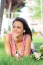 Woman in green park, music and relax Royalty Free Stock Photo