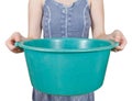 Woman with green plastic basin isolated Royalty Free Stock Photo