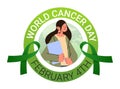 woman with green ribbons celebrating world cancer day awareness month banner