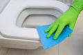 Woman in green rubber gloves cleaning toilet with blue cloth Royalty Free Stock Photo