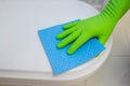 Woman in green rubber gloves cleaning toilet seat with blue cloth. Bathroom and toilet hygiene Royalty Free Stock Photo