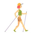 Woman In Green Top With Cap Doing Nordic Walk Outdoors Illustration