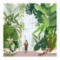 Woman in greenhouse, conservatory, botanical garden, park. Person walking in hothouse, green glass house indoor with