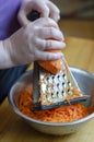 Woman grinds carrots on a grater