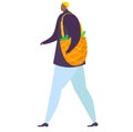 Woman with grocery bag walking casually. Lady shopper with a pineapple shaped reusable bag. Eco-friendly shopping habits