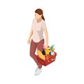 Woman with grocery basket cart from supermarket on white isolated background. Isometric shopping market basket with Royalty Free Stock Photo