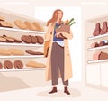 Woman in grocery shop, standing with craft bag full of food. Modern female buyer in department store near shelves. Daily