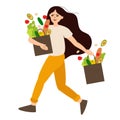 Isolated cute woman carrying bags with food products. Vector character buys fruit and vegetables in greengrocer shop