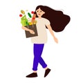 Woman at grocery store. Shopping concept. Cartoon young female making purchases. Isolated cute girl carrying bags with