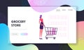 Woman in Grocery Store Website Landing Page. Customer Stand in Supermarket with Goods in Shopping Trolley. Girl Visiting Shop Royalty Free Stock Photo