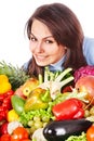 Woman with group of fruit and vegetables. Royalty Free Stock Photo