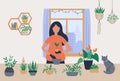 Woman grow homemade plants. Female character caring for potted herb and flowers. Girl putting seedling into pot