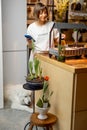 Woman growing sprouts on kithcen at home