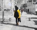 guitar girl walking on road