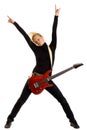Woman guitarist with hands in the air