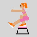 Woman in gym doing single leg squat exercise. Flat female character at glute routine workout in neon sportwear .