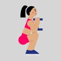Woman in gym doing squat exercise. Flat female character at glute routine workout in neon sportwear .