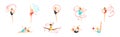 Woman Gymnast with Sport Ball and Ribbon Perform Gymnastics Pose Vector Set