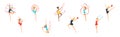 Woman Gymnast with Sport Hula Hoop and Ribbon Perform Gymnastics Pose Vector Set