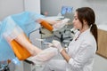 Woman gynecologist taking sample of biomaterial from patient urogenital tract