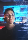 Woman hacker, glasses and cybersecurity, hologram info and vr malware, futuristic technology and login privacy. Data