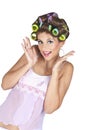 Woman with hair-curlers Royalty Free Stock Photo