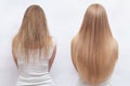 Woman before and after hair extensions on white background. Hair extension, beauty, tress, hair growth, styling, salon concept.