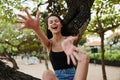 sitting woman nature leisure smiling lifestyle vacation sea sky relax tree