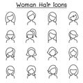 Woman Hair Style icon set in thin line style