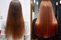 Woman before and after hair treatment. Sick, cut and healthy hair care straightening. Generative AI