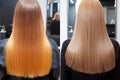 Woman before and after hair treatment. Sick, cut and healthy hair care straightening. Generative AI