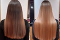 Woman before and after hair treatment. Sick, cut and healthy hair care straightening. Generative AI