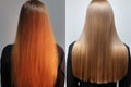 Woman before and after hair treatment. Sick, cut and healthy hair care straightening. Generative AI