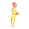 Woman With Hair Wrapped In Towel Holding Bucet Of Water, Part Of Russian Steam House Series Of Flat Funny Cartoon