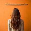 Minimalistic Conceptual Installation: Girl With Long Hair Against Orange Wall