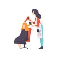 Woman Hairdresser Character Drying Hair of Woman at Beauty Saloon, Female Barber Character Vector Illustration Royalty Free Stock Photo