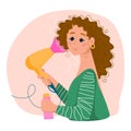 Woman with hairdryer and cosmetics for wavy, curl hair. CGM.