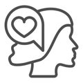 Woman half face, head and heart in dialogue box line icon, love concept, love messege vector sign on white background